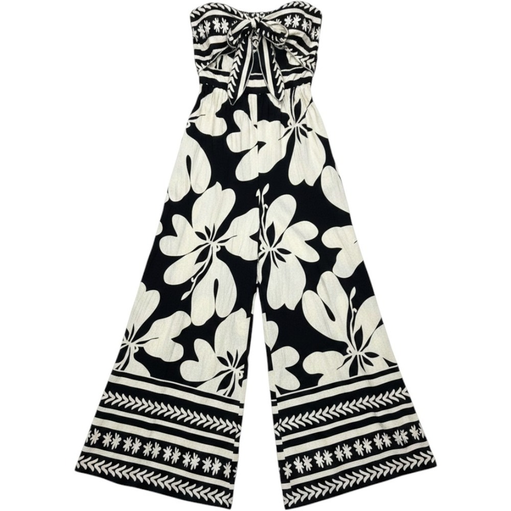 NWT Modern Black White Floral Jumpsuit Tropical Boho Size L Vacation Beach